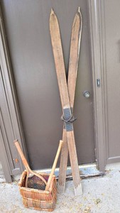 Vintage Wooden Skis, Baseball Bat, Tennis Racket & Basket