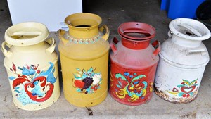 Vintage Hand-Painted Metal Milk Cans  Set of Four