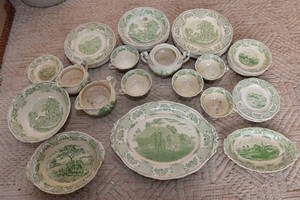 Vintage Royal Venton Ware Green Transferware  Large Dinnerware Collection