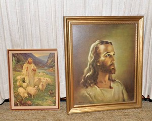 Vintage 1940s Framed Jesus Religious Art Prints  Set of Two