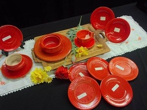 RED WING VIBRANT ORANGE TEA SAUCERS -WOODEN TRAY -  SUGAR BOWL AND MORE