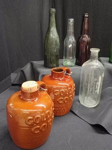 VINTAGE FRANKOMA POTTERY AND GLASS BOITTLES