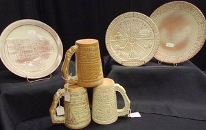 MID CENTURY FRANKOMA MAYAN-AZTEC CUPS AND 3 VINTAGE FRANKOMA PLATES