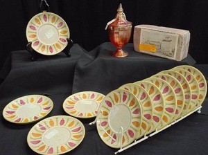 12 VINTAGE REDWING PEPE SAUCERS - AMBER SUGAR DISH W LID AND RED WING POTTERY BRICK WITH POST CARD