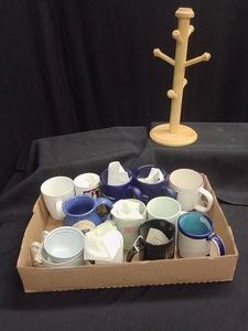 13 ASSORTED COFFEE CUPS & WOODEN COFFEE MUG TREE