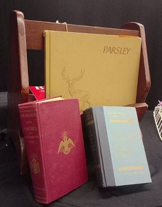 CUTE WOODEN BOOK HOLDER AND VINTAGE BOOKS