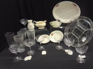 VINTAGE GLASS WEAR AND DAINTY FLORAL PLATESGRAVY BOATBOWLS AND MORE