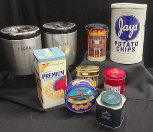 VERY VINTAGE FLOURSUGAR CONTAINERS AND VINTAGE MISC TIN CONTAINERS