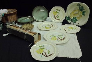 VINTAGE REDWING & FRANKOMA POTTERY  DOILIES  BASKSET WITH GLASS AND AUTOGRAPH WORD ROLL