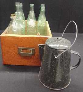 VINTAGE DRAWER FILLED WITH VINTAGE BOTTLES AND VINTAGE ENAMEL COFFEE POT