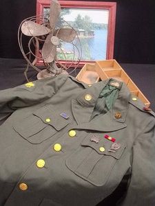 VINTAGE US ARMY SERVICE JACKET - ANTIQUE FAN - FRAMED PICTURE - AND WOODEN BOXES