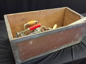 ANTIQUE WOODEN BOX FILLED WITH VINATAGE HAND TOOLS