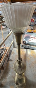 Hollywood Regency Brass Torchiere Lamp with Fluted Milk Glass Shade
