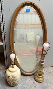 Ornate Oval Gilt Mirror & Pair of Unique Accent Lamps