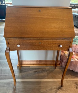 Vintage Wooden Slant Front Writing Desk with Drawer & Tapered Legs