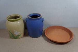 2 Stoneware Jars and Plant Saucer