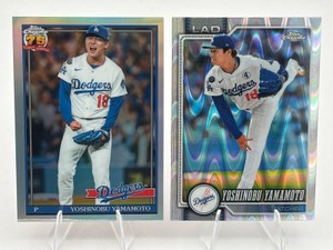 Lot Of 2 Yoshinobu Yamamoto Baseball Cards Including 2026 Topps Chrome 75 Years Of Baseball Refractor #91CB-10 and 2026 Topps Chrome Wave Prizm #75