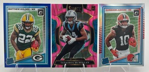 Lot Of 3 NFL Rookie Cards Including 2025 Panini Donruss Optic Matthew Golden Blue Parallel Rated Rookie #205, 2025 Panini Donruss Optic Quinshon Judkins Refractor Rated Rookie #252, And 2025 Panini Select Concourse Tetairoa McMillan Pink Shock RC #44