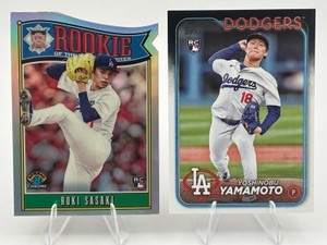Lot Of 2 LA Dodgers Rookie Cards Including 2024 Topps Series 2 Yoshinobu Yamamoto #533 and 2025 Bowman Chrome Rookie Of The Year Favorites Roki Sasaki #ROY-10 Refractor