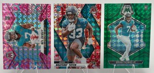 Lot Of 3 Jacksonville Jaguars Football Cards Including 2024 Panini Mosaic Brian Thomas Jr. Pink Camo Prizm RC #282, 2025 Panini Mosaic Bhayshul Tuten Pink Camo Prizm RC #385, And 2024 Panini Mosaic Brian Thomas Jr. Green Prizm RC #323