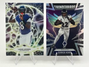 Lot Of 2 Baltimore Ravens Football Cards Including 2026 Topps Resurgence Protonyx Lamar Jackson #PT-25 And 2025 Panini Phoenix Thunderbirds Derrick Henry #5