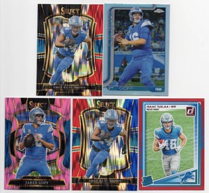 Lot Of 5 Detroit Lions Football Cards Including 2025 Panini Select Concourse Jared Goff Pink Shock Prizm #69, 2025 Panini Select Premier Level Amon-Ra St. Brown RedBlue Shock #170, And More