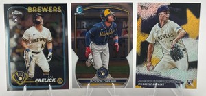 Lot Of 3 Milwaukee Brewers Baseball Cards Including 2026 Topps Stars Of The MLB Jacob Misiorowski Rookie Card #SMLB-26, 2023 Bowman Chrome Jackson Chourio #BCP-76, And More