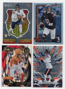 Lot Of 4 Chicago Bears Football Cards Inclunding 2024 Panini Select Select Certified Caleb Williams #1 Rookie Card, 2024 Panini Select Rome Odunze BlackRed Shock #236 Rookie Card, And More