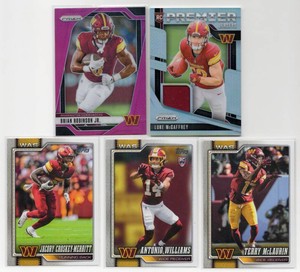 Lot Of 5 Washington Commanders Football Cards Including 2024 Panini Prizm Luke McCaffrey Rookie Memorabilia Card #PJ-LMY, 2024 Panini Prizm Brian Robinson Jr. Pink #288, And More