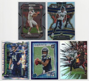 Lot Of 5 Seattle Seahawks Football Cards Including 2023 Panini Prizm Draft Picks Jaxon Smith-Njigba #135 Rookie Card, 2025 Topps Chrome Sam Darnold Pulsar #275, And More