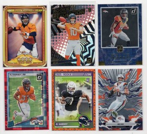 Lot Of 6 Denver Broncos Football Cards Including 2024 Panini Revolutions Bo Nix RC #12, 2013 Topps Payton Manning 4000 Yard Club #6, And More