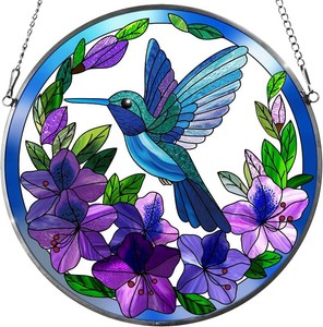 Hummingbird Stained Glass Suncather Bird Gift for Women (Purple, 6.3)