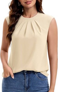 Funlingo Womens Summer Tops Dressy Casual Short Cap Sleeve Blouses Crew Neck Pleated Work Shirts for Business Office Size XXL