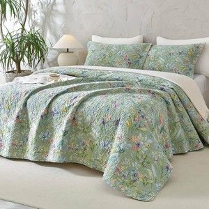 $103 Lady Ann 100% Cotton Floral Cal King Quilt Set - Green Flower Bird Butterfly Pattern Print Quilted 118x106 Bedspread & Coverlet Set, 3 PCS Lightweight Extra Soft King Bedding Sets All Season