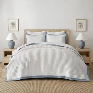 $130 EVERGRACE Cotton Border Frame Tack-Stitch Quilt Bedding Set King Size, Coastal Oversized 3 Pieces Lightweight Bedspread Coverlet for All Season, with 2 Matching Shams, Blue Linen