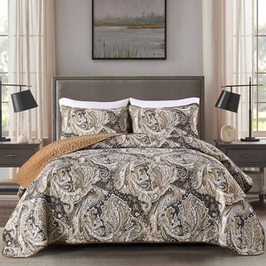 $37 DJY Brown Paisley Quilt Set Queen Size, Boho Bedspread Coverlet 3 Pieces