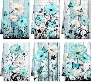 Breling Set of 6 Teal Daisy Kitchen Towels Vintage Theme, 14x21 Inch