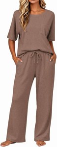 $30 JiniGolla Womens Pajama Sets Waffle Knit Short Sleeve Shirt with Long Pajama Pants Soft Sleepwear Pj Lounge Sets