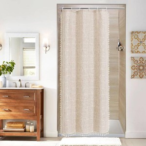 $26 Boho Farmhouse Classic Plaid Linen Tassel Shower Curtain Grey,36x72