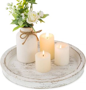 Hanobe Round Wood Candle Holder Trays for Coffee Table, Rustic White Finish