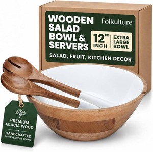 $60 Folkulture Wooden Salad Bowl Set with Salad Servers, Serving Bowls, White (one spoon is broken)
