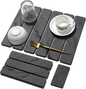 $33 Small Stone Dish Drying Mat for Kitchen Counter, 2 PCS 16 12 & 8x4 Quick Dry Stone Mats, Foldable Water Absorbing Diatomaceous Earth Drying Dish Pad for Countertop Bottles Utensils Cups(Dark Gray)