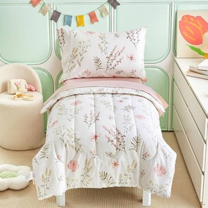 $40 Joyreap 4 Piece Cotton Toddler Bedding Set for Girls, Pink Flowers Reversible Design, Soft Breathable Cotton Toddler Comforter Set