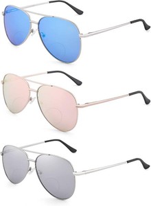 $24 3 Pack Bifocal Reading Sunglasses for Women Men, Aviator Sun Readers Glasses Mirrored Shades UV400 2.25