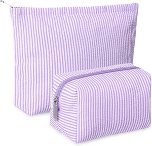 Huhumy 2 Pcs Makeup Bag Set for Women, Purple, Thin Stripe