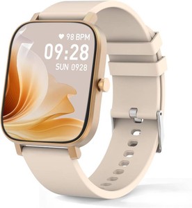 $25 Smart Watch for Men Women Compatible with iPhone Samsung Android Phone 1.69 inch Full Touch Screen IP68 Waterproof Bluetooh Fitness Tracker Heart RateSleep Monitor (Gold)