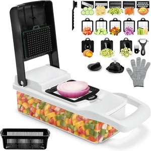 Multifunctional Vegetable Chopper with Container - 12 in-1 Adjustable 8-Blade Fruit & Veggie Chopper with Mandoline Slicer & Dicer  Kitchen Gadgets Food Cutter for Potato, Tomato & Onion (White) (missing pieces)