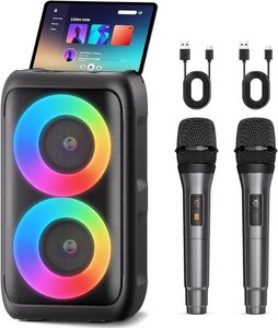 $45 Bluetooth Speaker with 2 Wireless Microphones - Big Party Speaker for Adults Kids Karaoke with Lights - Portable Rechargeable Support TWSAUXUSBTF Card for Home Party Gift Floorstanding Speaker (missing one wire)
