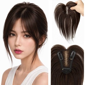 $33 Anemone Human Hair Toppers for Women Hand-Tied Lace Clip in Wiglet with Bangs, Lightweight Hairpiece for Thinning Hair & Gray Coverage