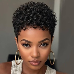 $20 Short Curly Pixie Cut Wigs with Bangs Human Hair for Black Women Non Lace Full Machine Made Rose Net Cap Human Hair Pixie Wig Brazilian Virgin Glueless Bob Wig Human Hair Short Layered Wigs For Women